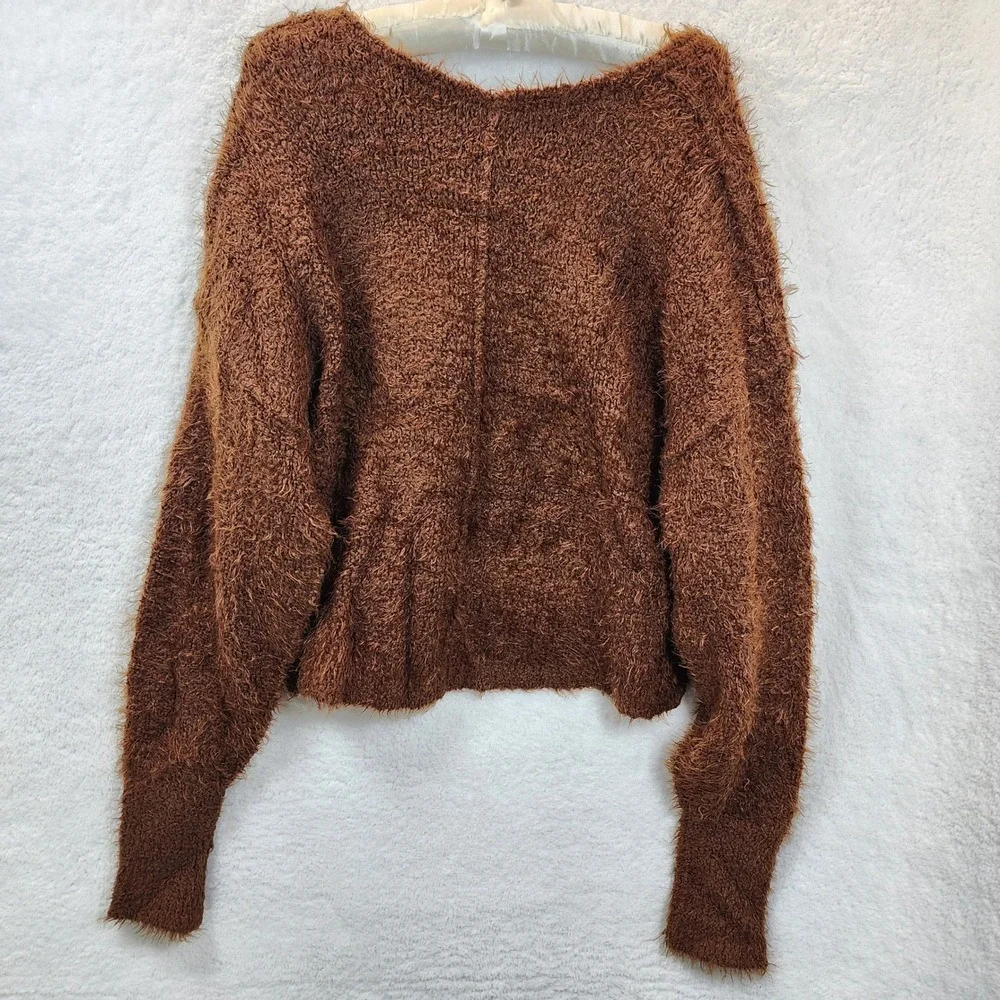 Free People Chocolate Brown Eyelash Sweater Women Small Fuzzy Oversize Soft Cozy